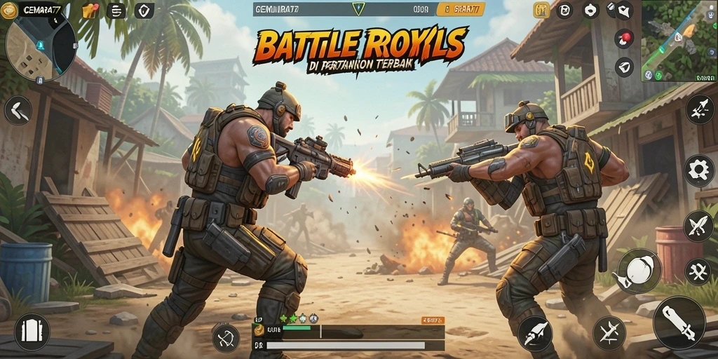 Gameplay CEMARA77 dengan aksi pertarungan seru di arena Battle Royale.