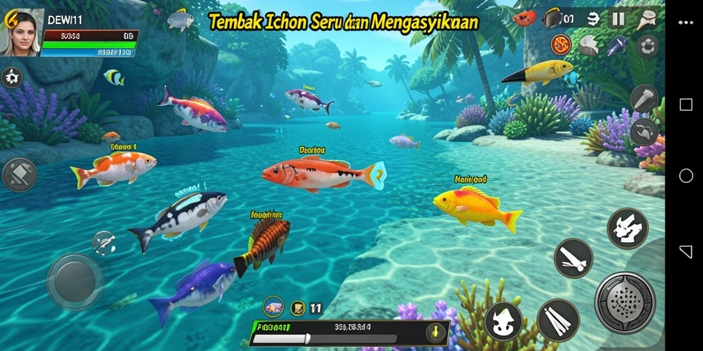 Tampilan gameplay DEWI11 saat menangkap ikan berwarna-warni.